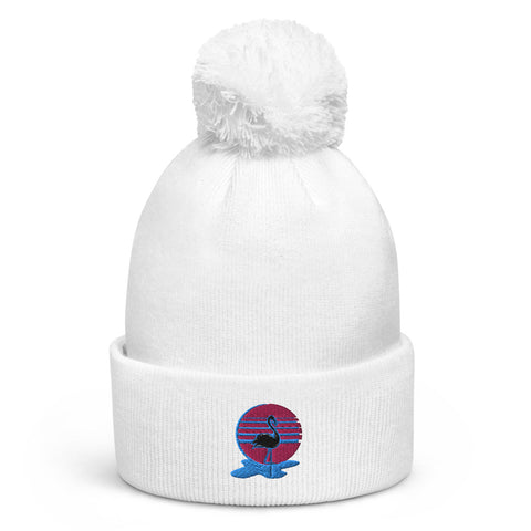 Embroidered Sunset Flamingo White Pom-Pom Beanie - Fresh Hood basketball hoopwear that's different.  Basketball apparel and workout clothing.